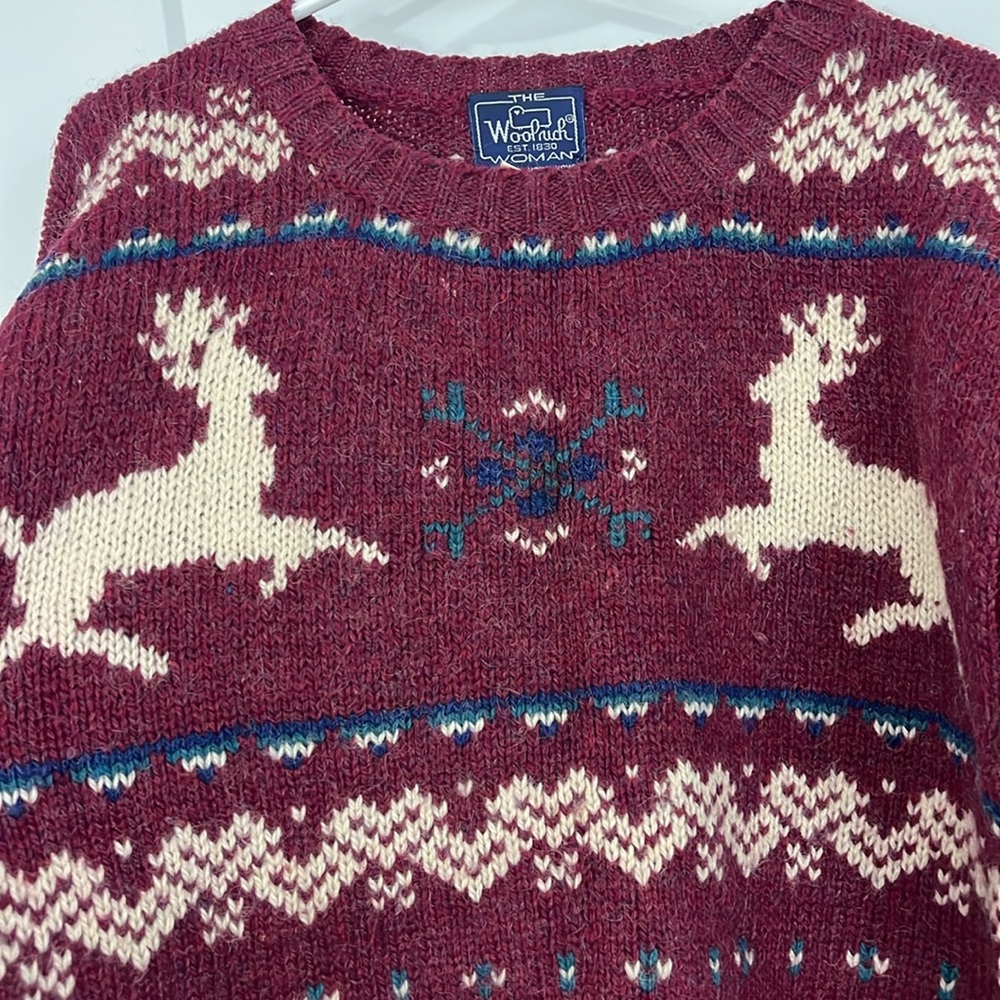 The Woolrich Vintage Large Wool Mohair Maroon Knit Reindeer Fair Isle Sweater - Picture 5 of 10